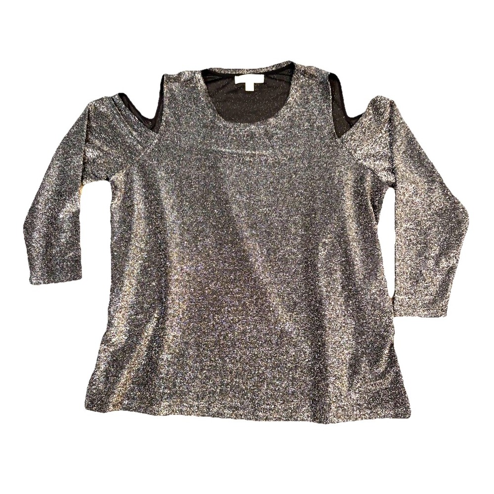Michael Kors Women Top 3X‎ Silver Metallic Cold Shoulder Long Sleeve Sparkle